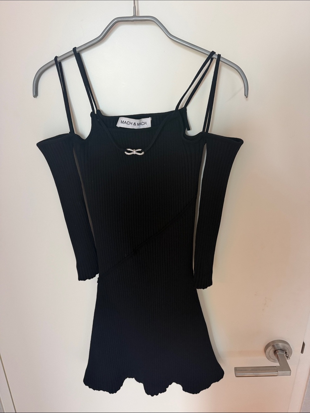 MACH & MACH Black Ribbed Cold-Shoulder Camisole Dress with Crystal Bow